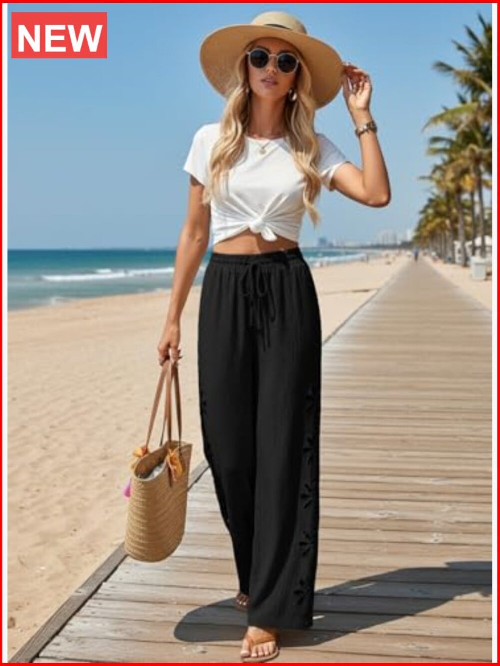 Boho Palazzo Pants Wide Leg Drawstring Elastic Waist Hollow Out Beach Vacation - Picture 6 of 6